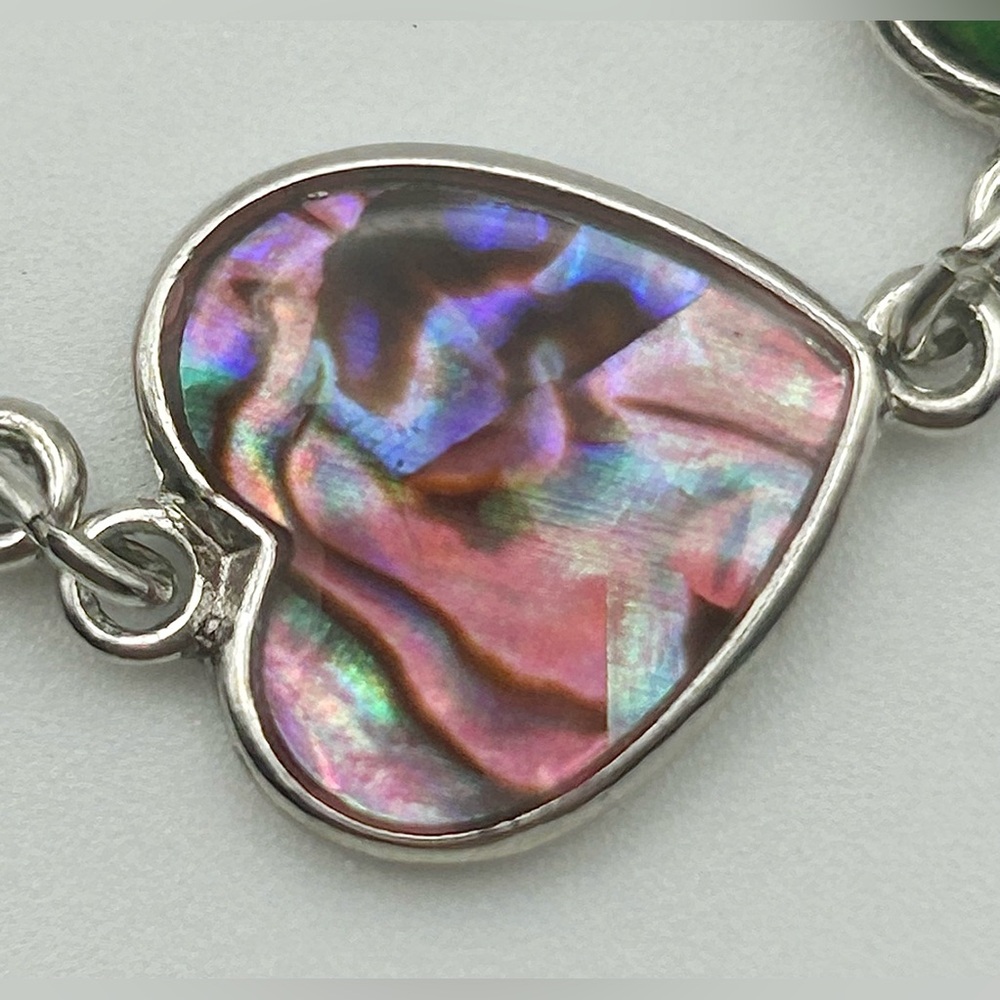 Multicolor Heart Link Silver Tone Bracelet with Abalone Inlay - Picture 7 of 13